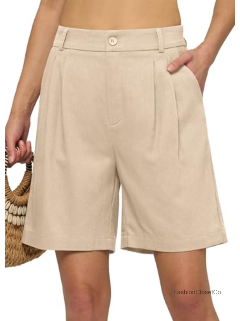 High Waisted Pleated Linen Blend Shorts With Pockets 7" Inseam